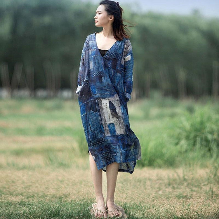 V Neck Printing Long Sleeve Side Slit Casual Loose Dress